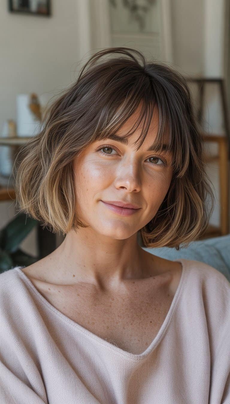 A woman with a tousled bob haircut and side bangs in a casual setting, wearing relaxed clothing and smiling gently.
