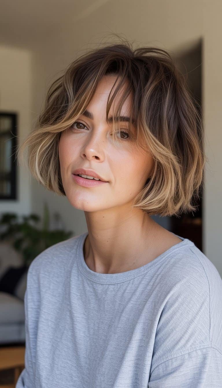 A woman with a choppy bob haircut standing in a casual indoor setting, looking relaxed and natural.