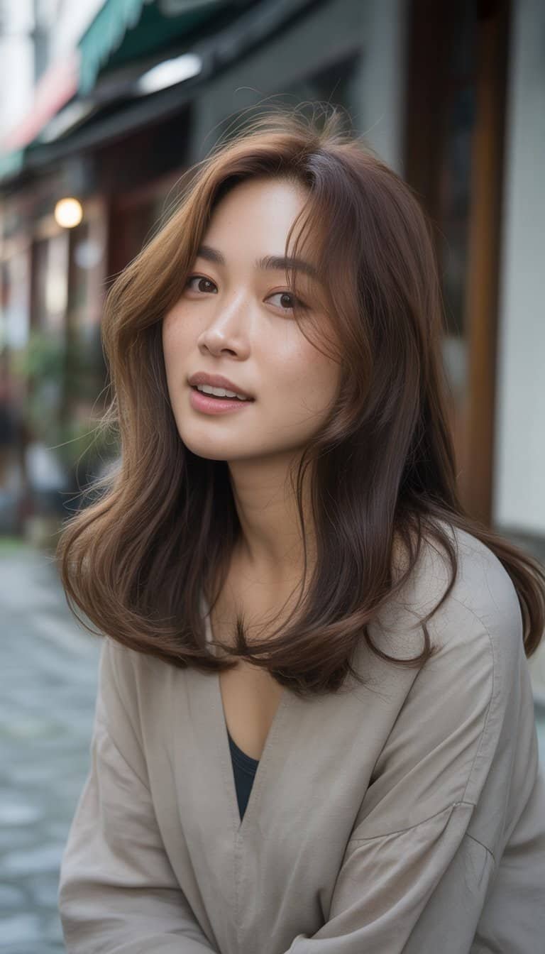 A Korean woman with a stylish hairstyle is casually standing in a simple everyday setting, wearing casual clothes and a natural expression.