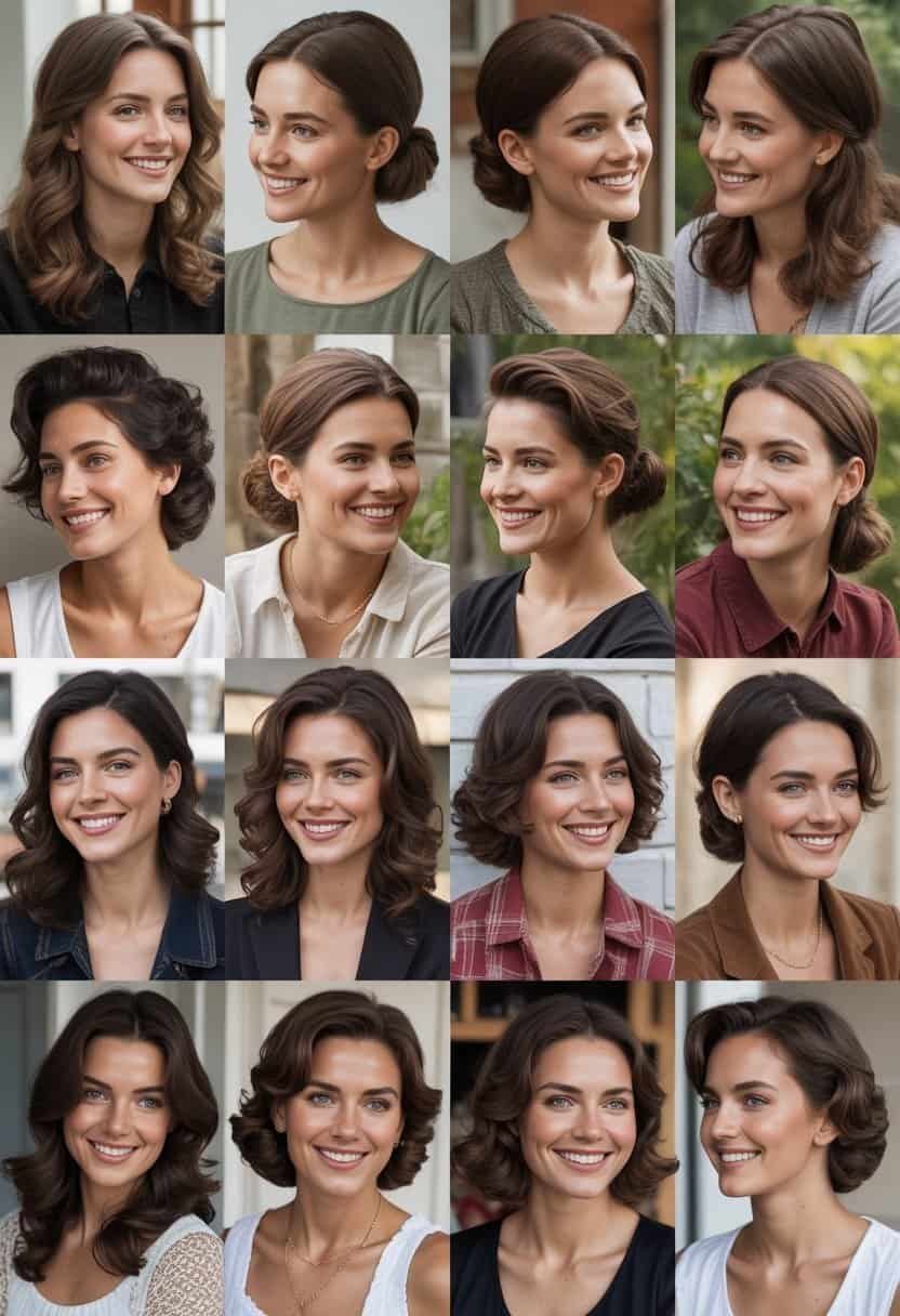 A group of brunette women with various hairstyles in casual clothing, standing and sitting in everyday indoor and outdoor settings, smiling and interacting naturally.