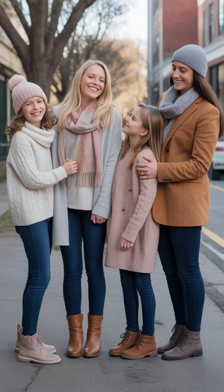 A family standing together outdoors in winter clothing, posing for a full-body photo in a natural setting.