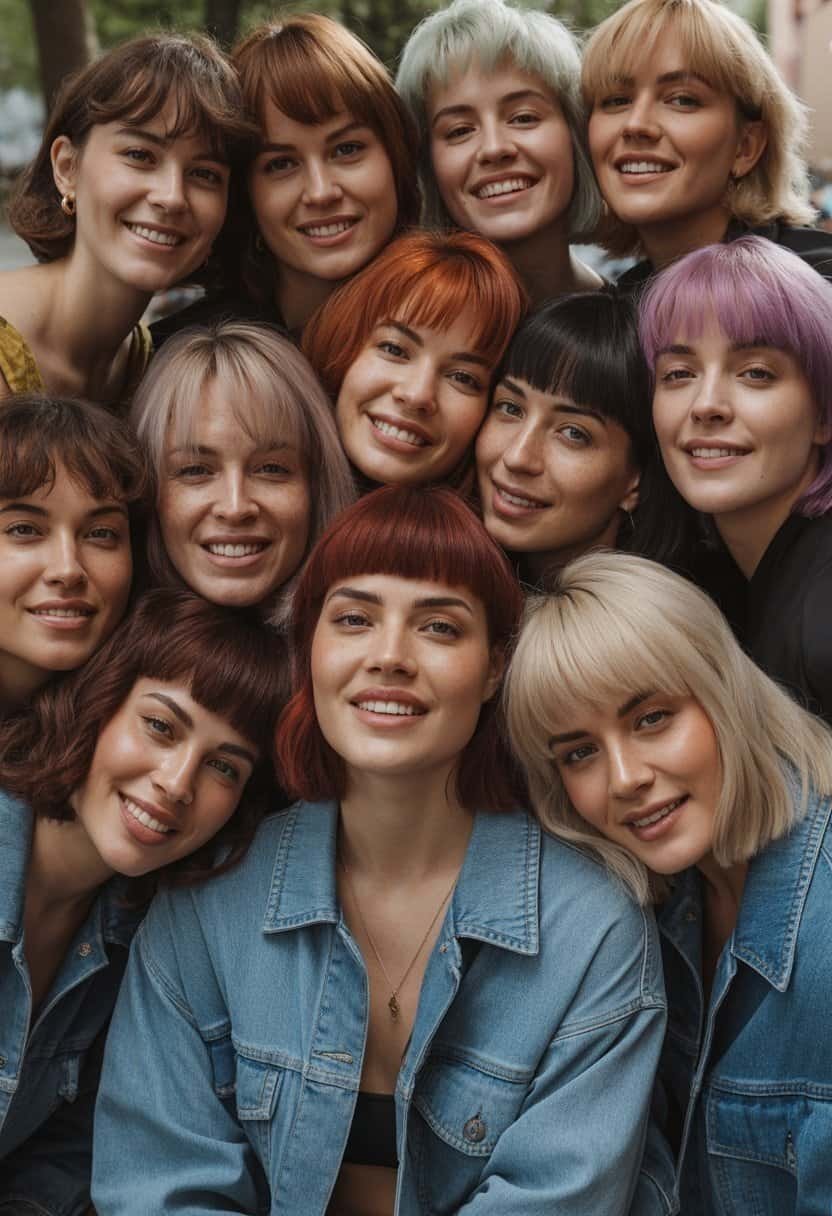 A group of women with different wolf cut hairstyles with bangs, standing and sitting in everyday outdoor and indoor settings, smiling and interacting naturally.