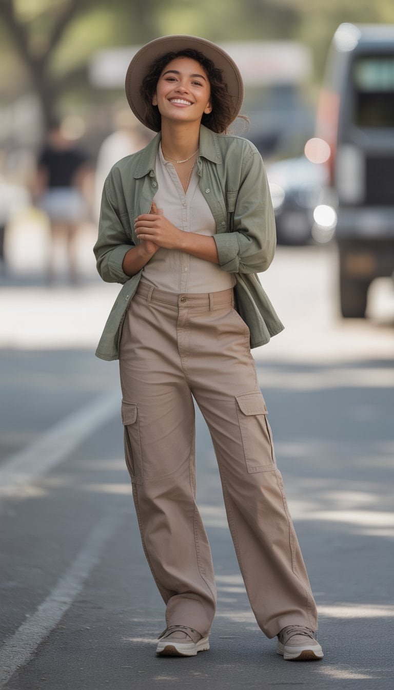 A young woman stands outdoors in a casual safari-inspired outfit, posing for a full-body photo in a park-like setting.