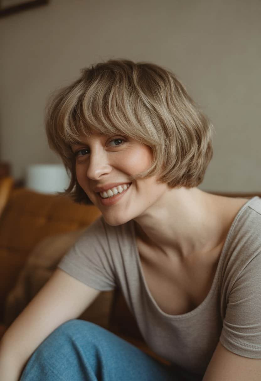 A woman with a long pixie bob hairstyle smiling naturally in a casual indoor setting.