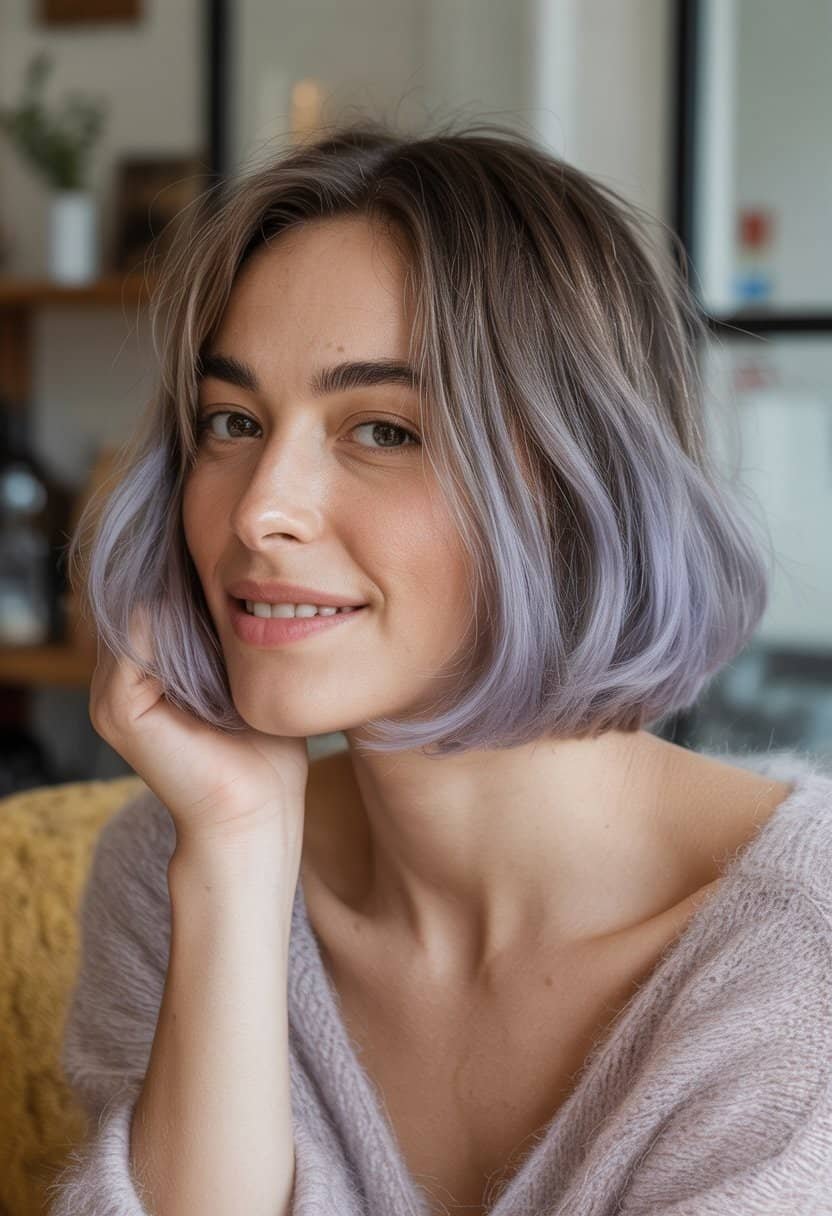 A woman with a lavender ombre pixie bob hairstyle smiles naturally in a casual indoor setting.