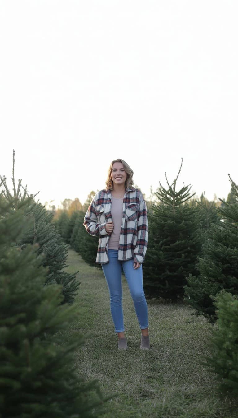 A young woman standing among rows of evergreen trees at a Christmas tree farm, wearing casual winter clothes and looking relaxed.