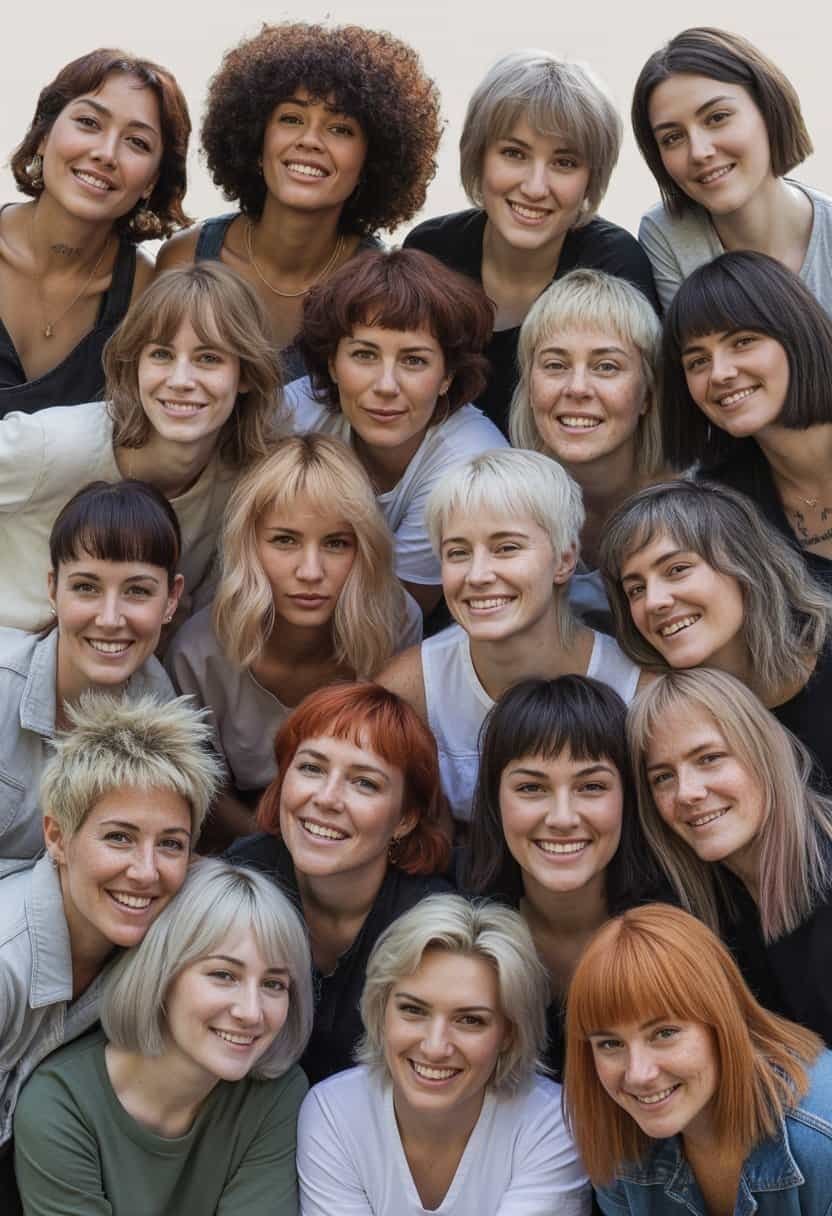 A group of women with different wolf cut hairstyles without bangs, standing and sitting in casual settings like parks and cafes, wearing everyday clothes and showing natural expressions.