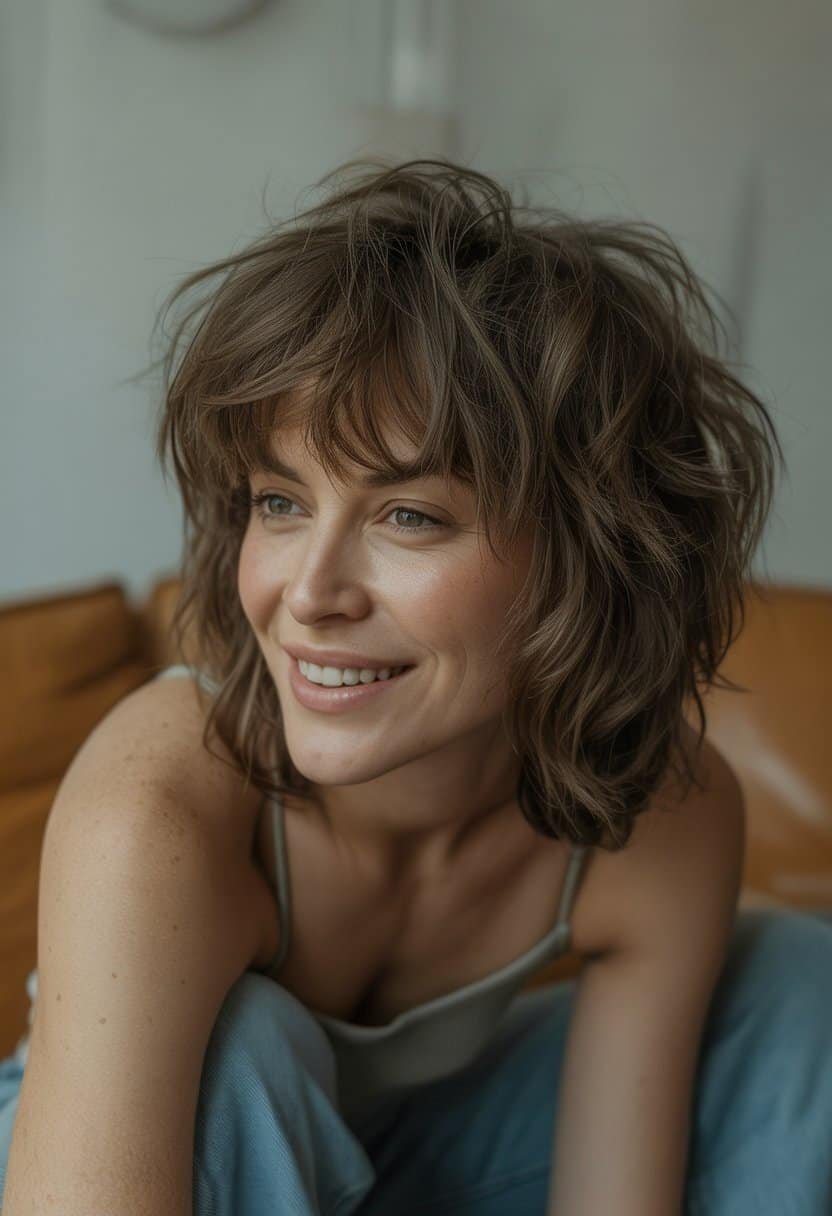 A woman with a messy layered wolf cut hairstyle standing in a casual indoor setting, wearing casual clothes and smiling naturally.