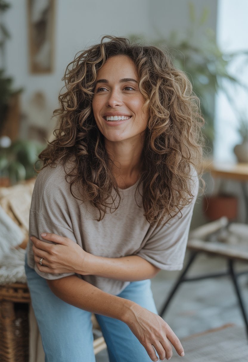 A woman with long curly hair smiling naturally in a casual indoor or outdoor setting.