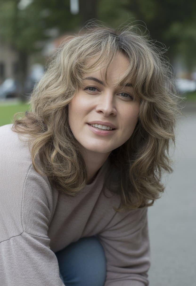 A woman with long curly hair standing outdoors in a casual setting, smiling naturally.