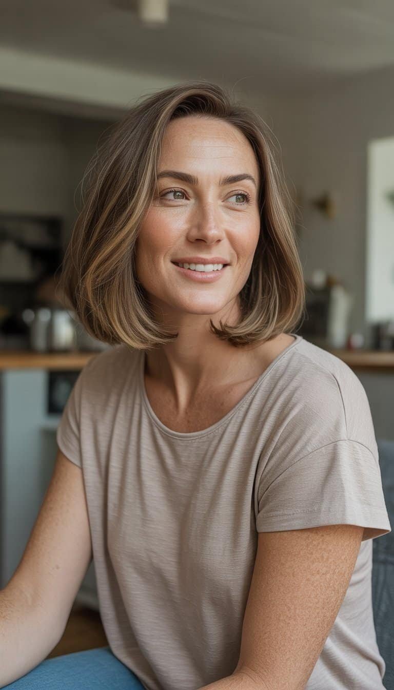A woman with shoulder-length hair stands casually in a home setting, smiling naturally.