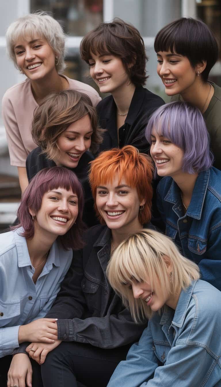 A group of women with varied shag haircuts in a casual setting, wearing everyday clothes and interacting naturally.