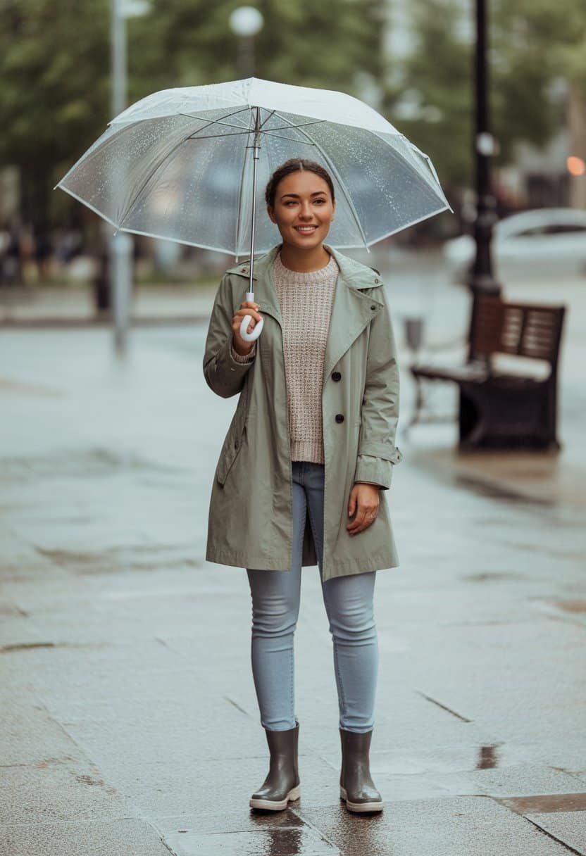 A young woman standing on a wet city street holding an umbrella on a rainy day.