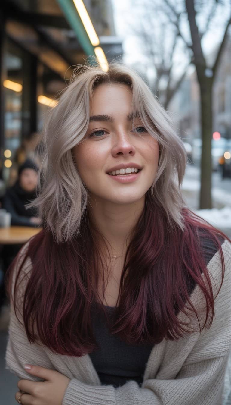 A young woman with winter-colored hair smiling naturally in a casual outdoor setting.