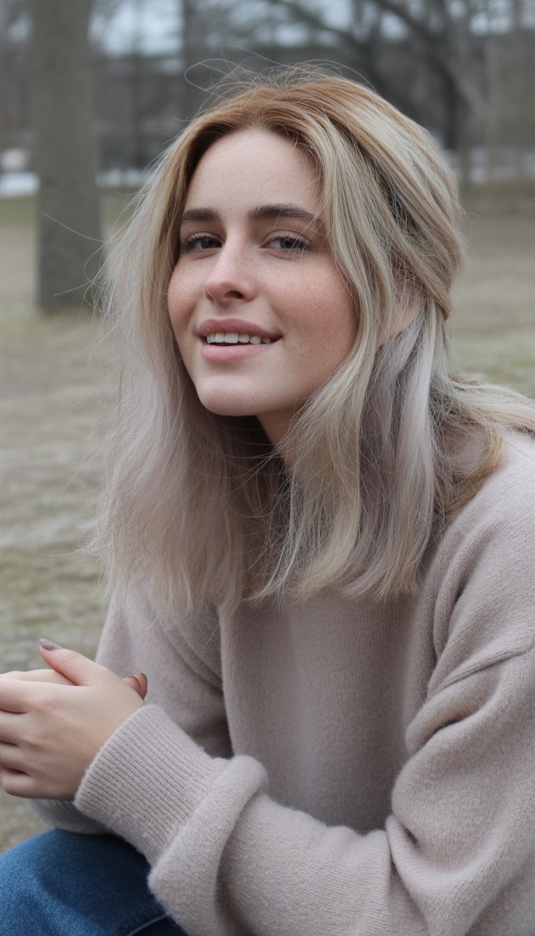 A young woman with frosty ash blonde hair in casual clothing, smiling naturally in a simple indoor or outdoor setting.