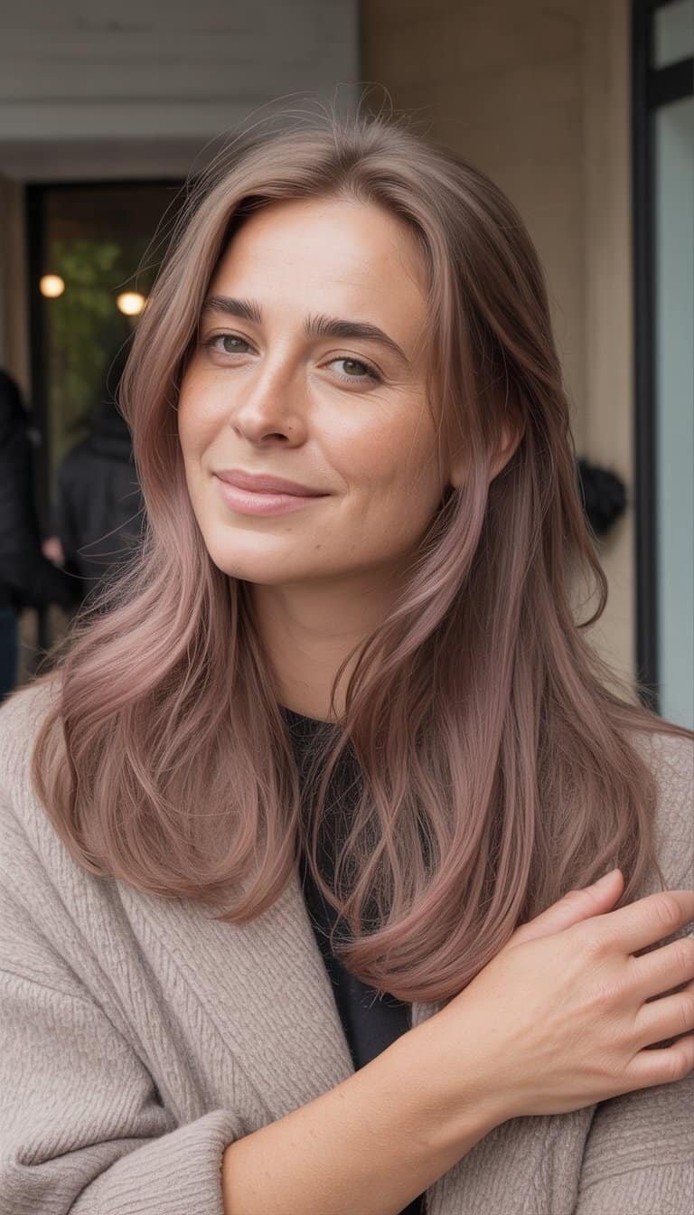 A woman with smoky mauve brown hair smiling naturally in a casual indoor or outdoor setting.