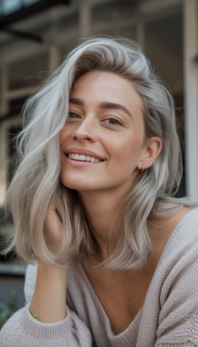 A woman with light silver blonde hair standing outdoors, wearing casual clothes and smiling naturally.