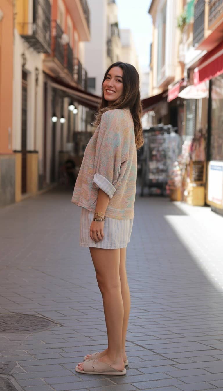 A young woman standing outdoors on a sunny street, wearing a casual outfit and looking relaxed.