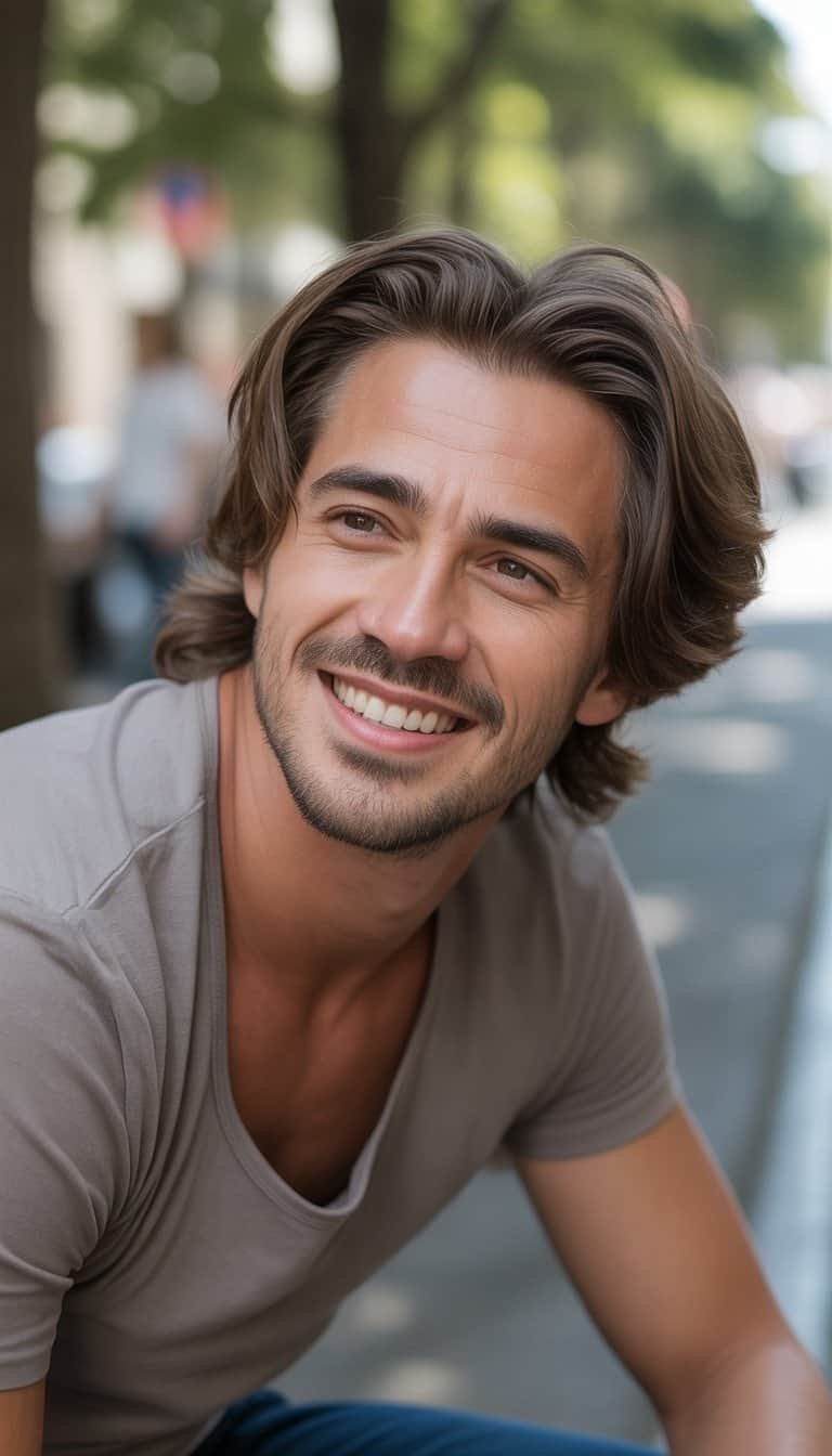 A man with a modern mullet hairstyle stands casually in a natural, everyday setting, wearing casual clothes and looking relaxed.