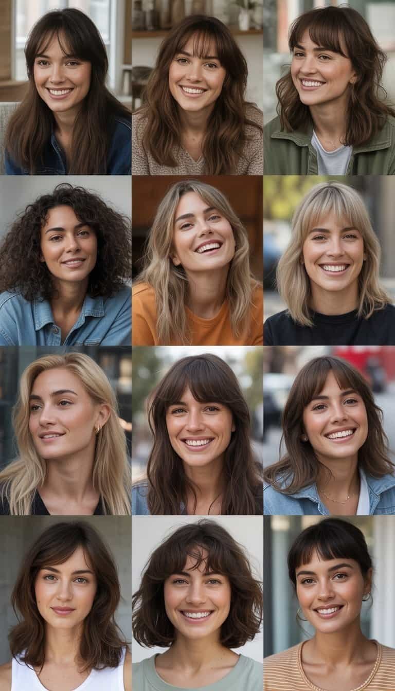 A group of women with different bangs hairstyles in a casual setting, smiling and interacting naturally.