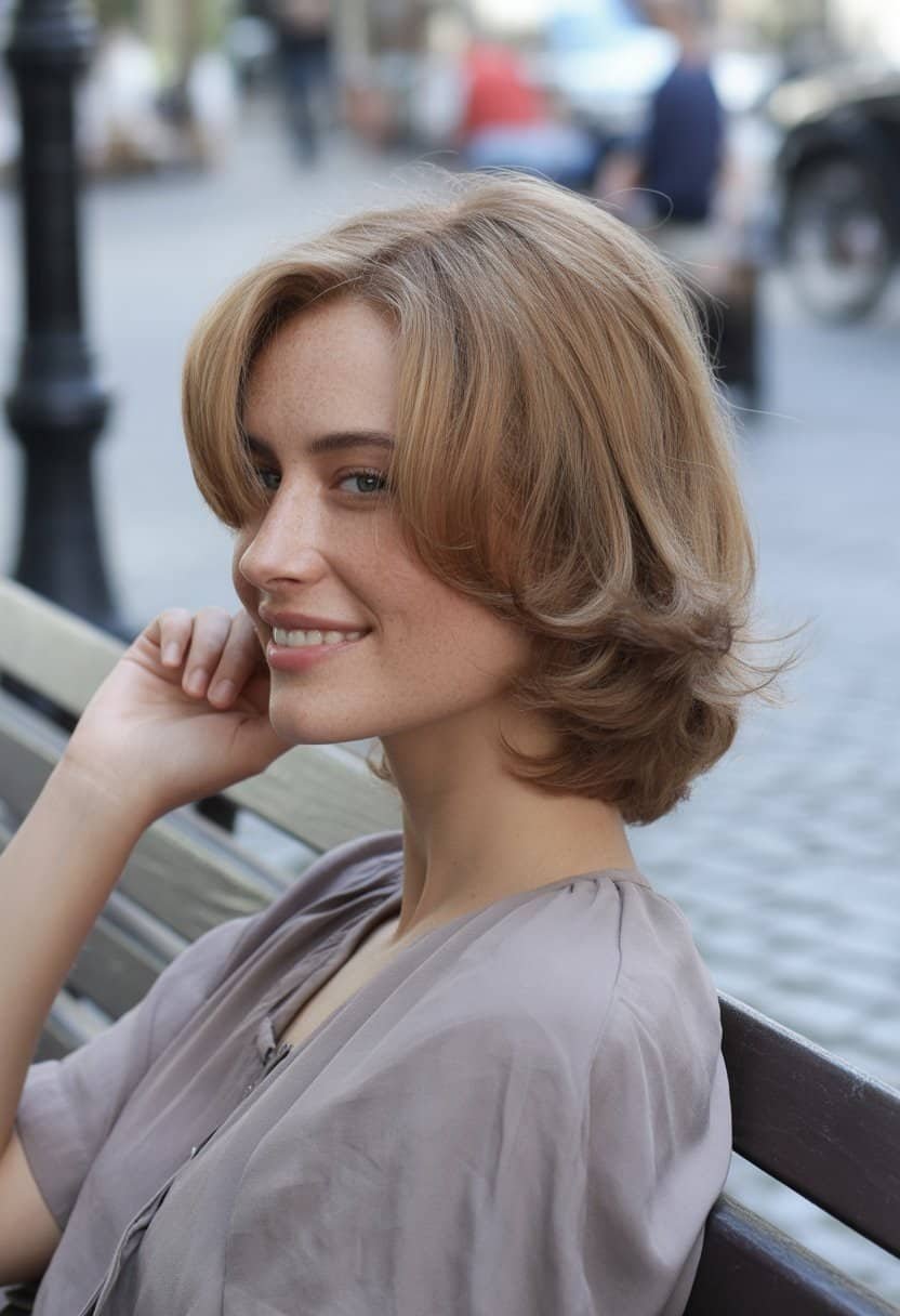 A woman with a butterfly haircut sitting outdoors, smiling naturally in a casual setting.
