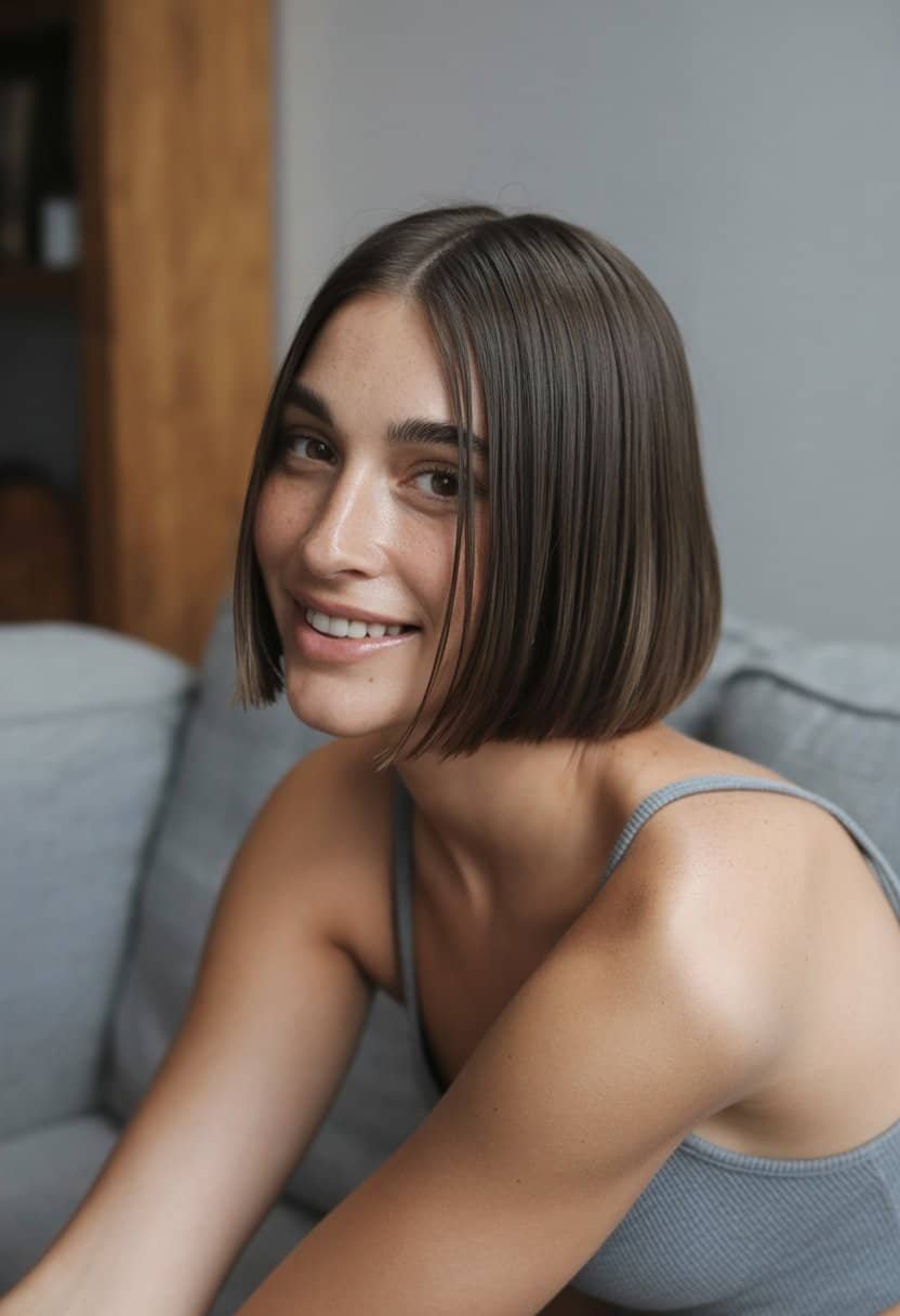 A woman with a short bob haircut stands casually in a simple indoor setting, wearing casual clothes and showing a natural, relaxed expression.