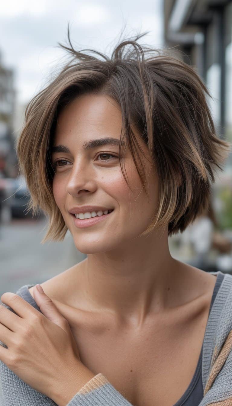 A woman with a short choppy bob hairstyle stands casually in a simple indoor or outdoor setting, wearing casual clothes and smiling naturally.