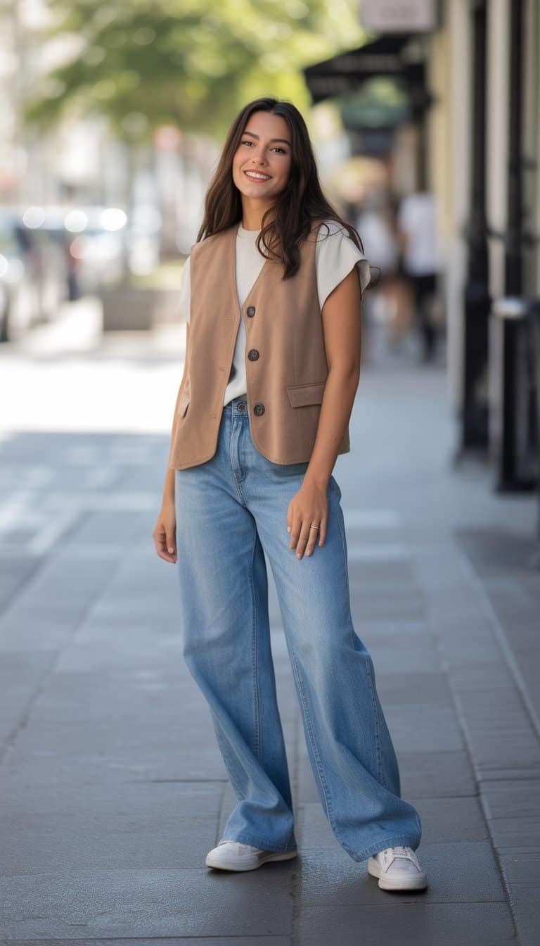 A young woman standing outdoors on a city street, wearing a vest and casual outfit, looking relaxed and natural.
