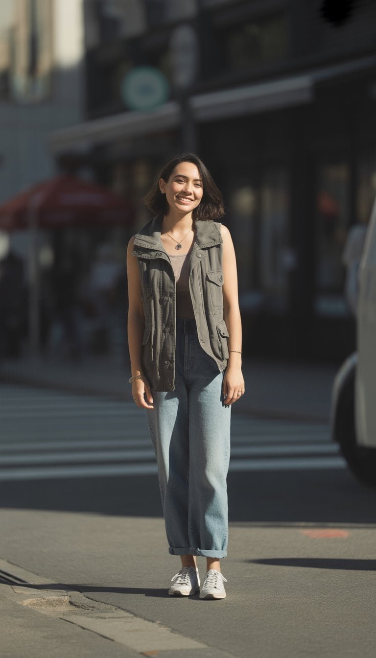 A young woman standing outdoors on a city street, wearing a vest outfit and looking relaxed and natural.