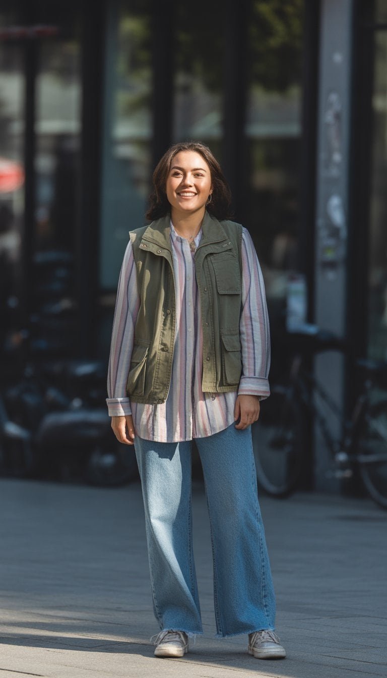 A young woman standing outdoors on a city street, shown full body from head to toe, wearing a layered outfit with a vest, looking relaxed and natural.