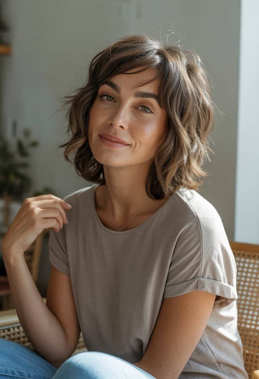 A woman with medium-length layered hair sitting casually in a cozy indoor setting, looking relaxed and natural.