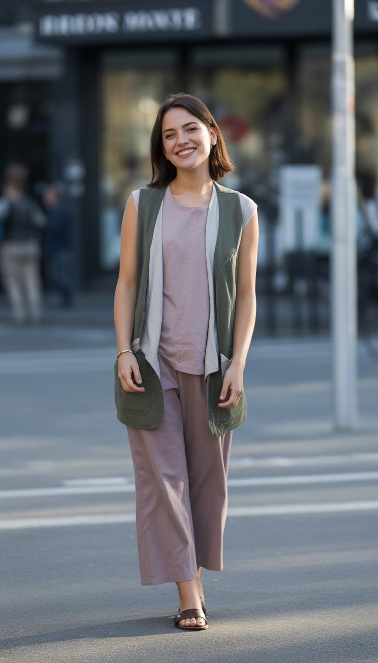 A young woman standing outdoors in a casual outfit, shown from head to toe in a natural setting.