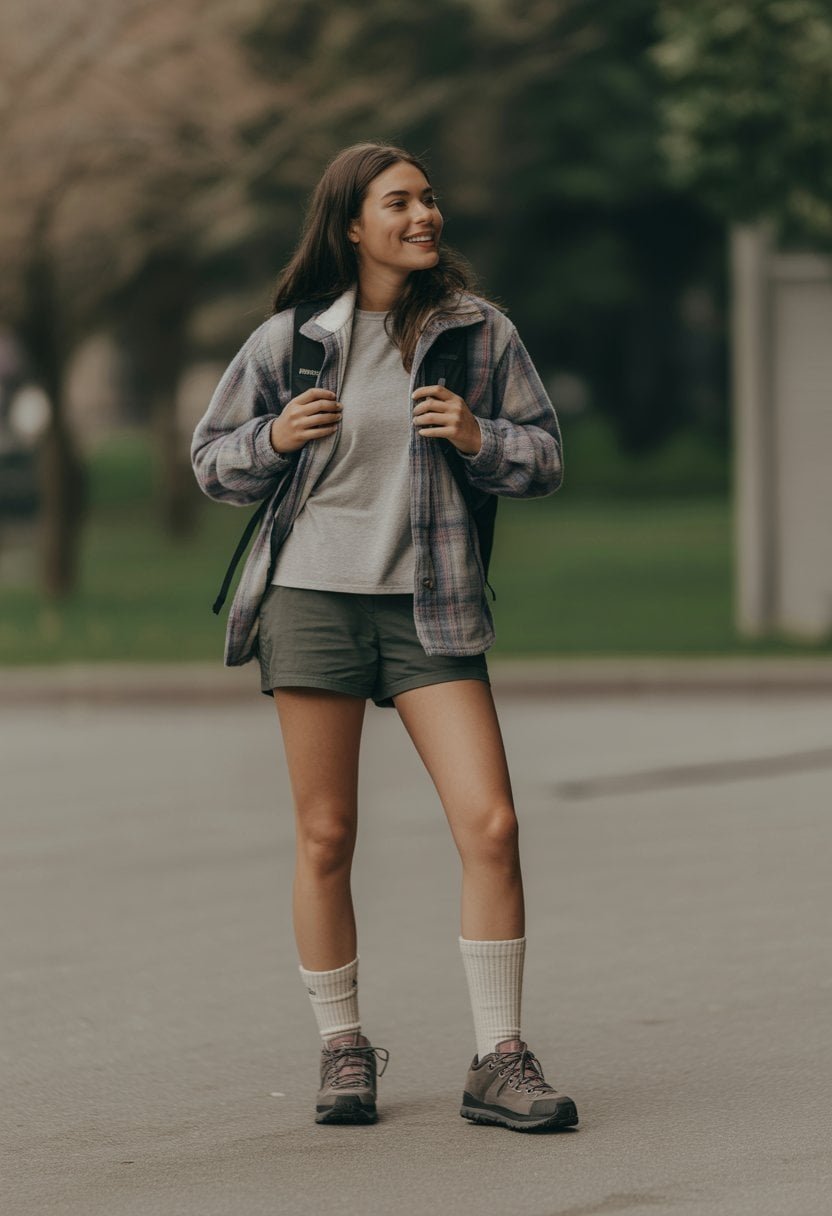 A young woman standing outdoors in a casual hiking outfit with wool crew socks, photographed full body from a distance.