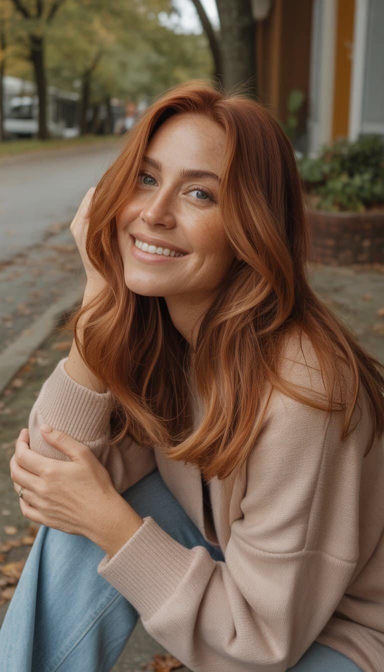 A woman with warm autumn-colored hair stands outdoors surrounded by fall leaves, wearing a cozy sweater and smiling gently.