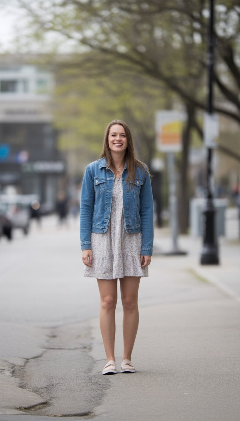 Young woman standing outdoors on a street wearing a floral dress and denim jacket, looking relaxed and natural.