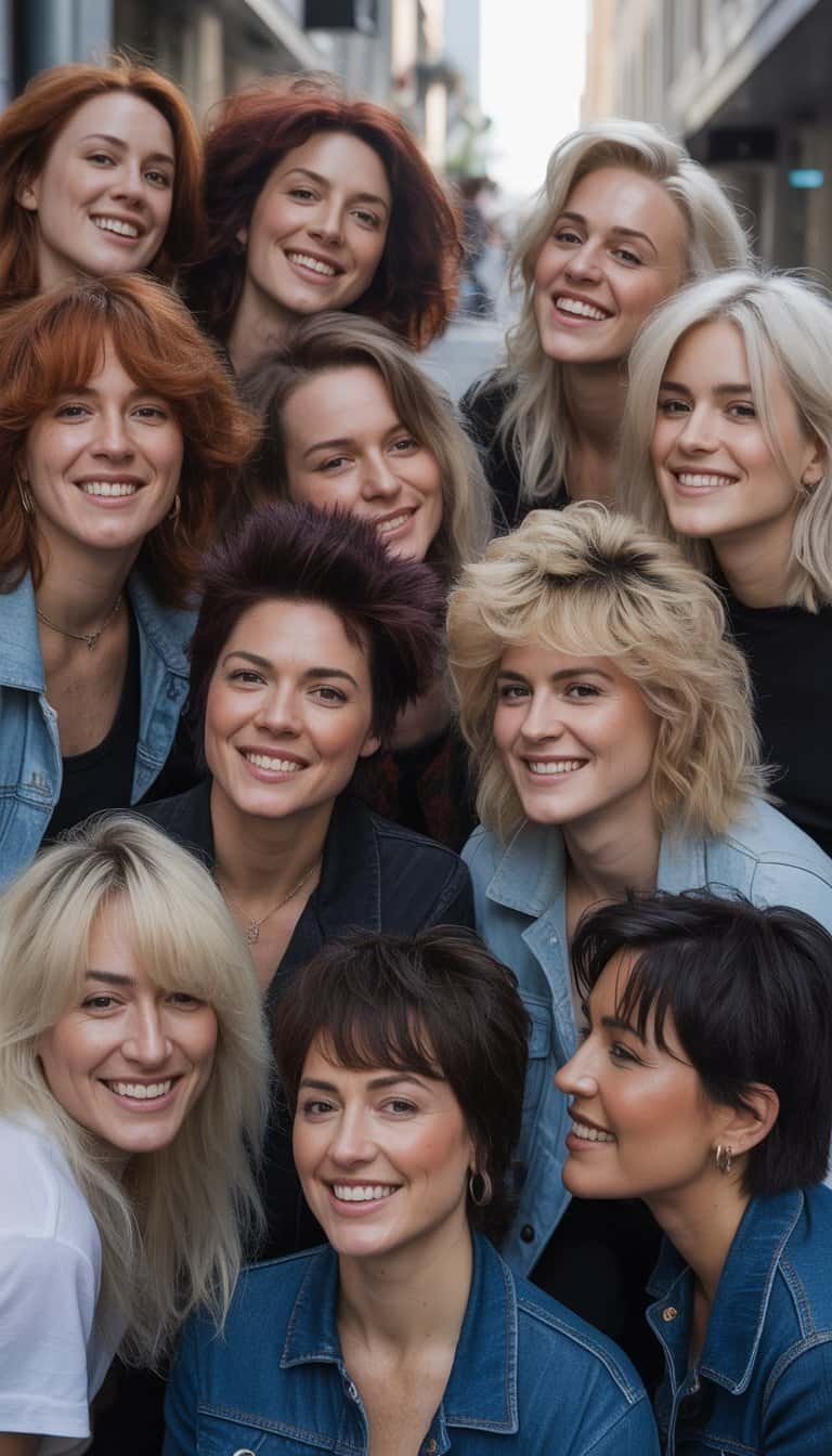 A group of women with various rocker hairstyles casually gathered outdoors, smiling and interacting naturally in a relaxed everyday setting.