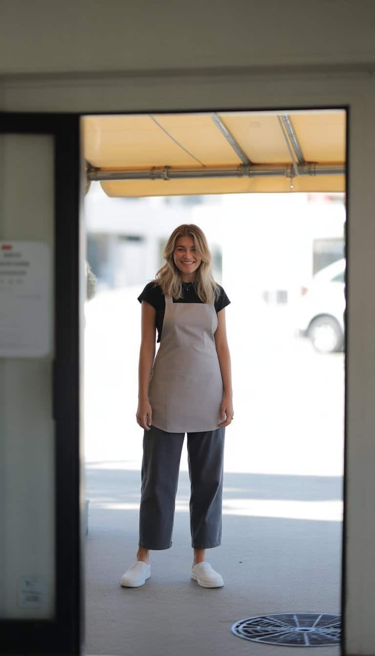 A young woman standing outdoors, shown from head to toe, wearing a casual outfit and looking relaxed.