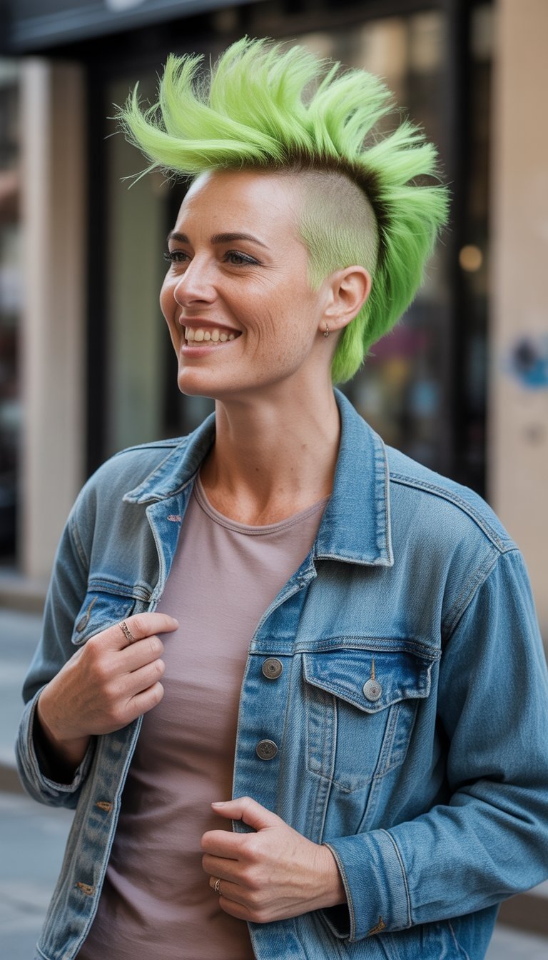 A woman with a neon mohawk hairstyle standing outdoors in casual clothing, smiling naturally in a city street setting.