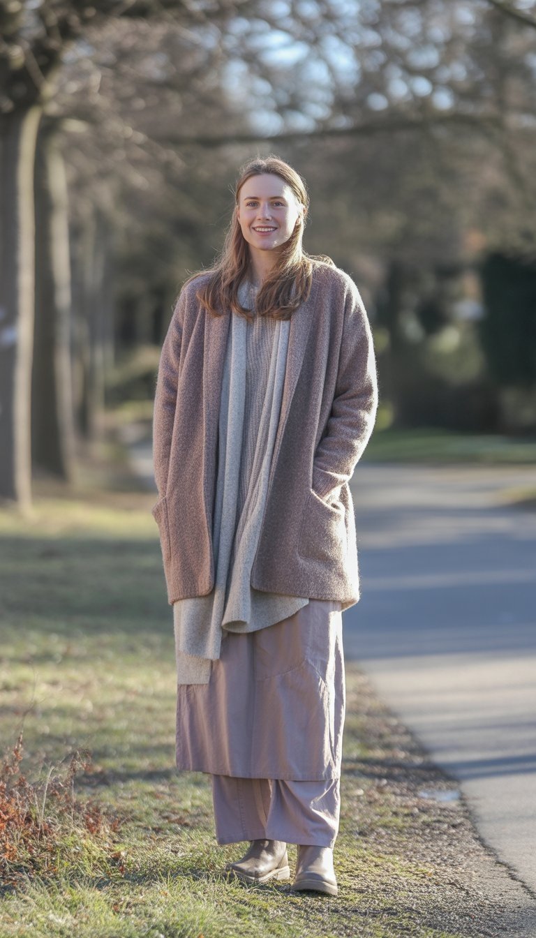 A young woman standing outdoors on a quiet street in winter, wearing warm layered clothing and boots, looking relaxed and natural.