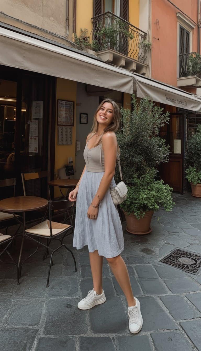 A young woman standing on a cobblestone street in Italy, wearing a light dress and sneakers, with buildings and plants in the background.