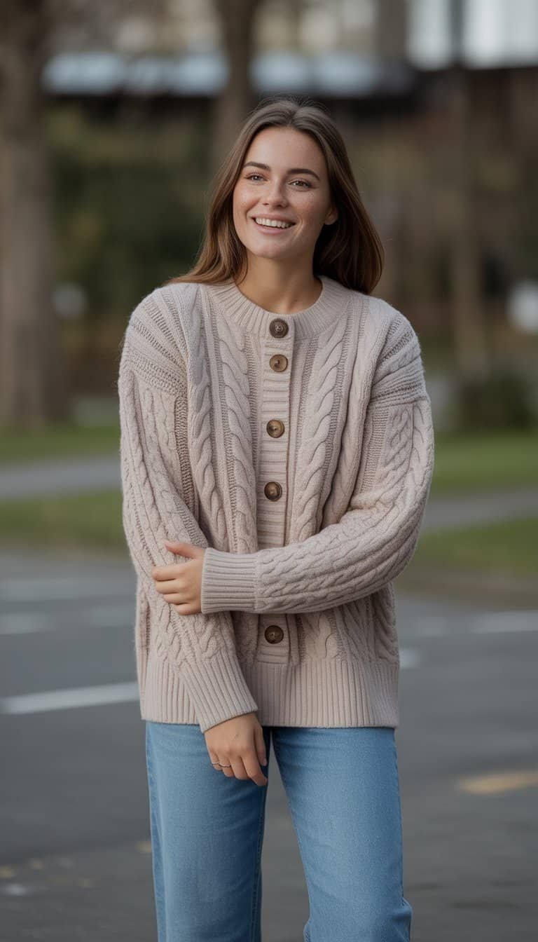 A young woman standing outdoors wearing a cable knit sweater with buttons, smiling gently in a casual setting.