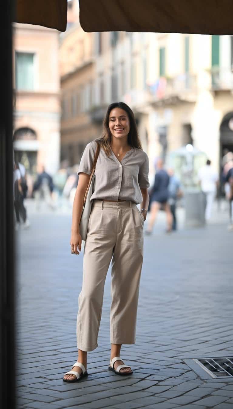A young woman standing on a cobblestone street in Italy, wearing a light blouse and trousers, with historic buildings in the background.