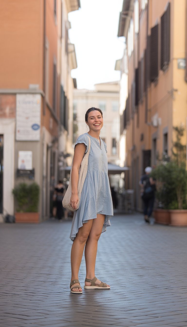A young woman standing on a cobblestone street in Italy, wearing a casual outfit and smiling naturally, with Italian buildings in the background.