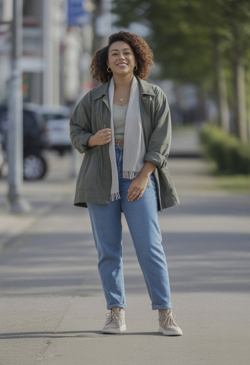 A young woman stands outdoors on a city street, shown full body from a distance, wearing layered clothing and looking relaxed and confident.