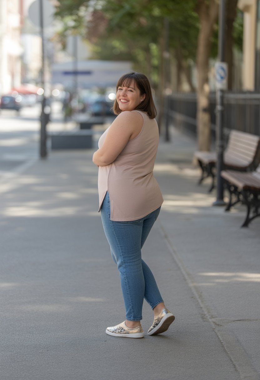 A young woman standing outdoors on a quiet street, shown in a full-body photo from head to toe.
