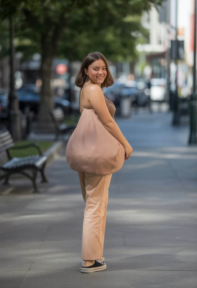A young woman standing outdoors on a city street, shown in a full-body shot with natural lighting and a relaxed expression.