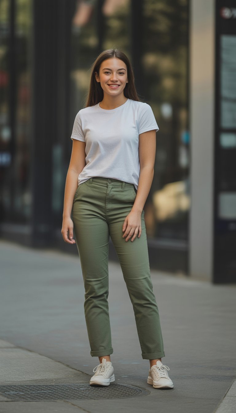 A young woman stands outdoors on a city sidewalk, wearing olive green pants and a white t-shirt, looking relaxed and natural.