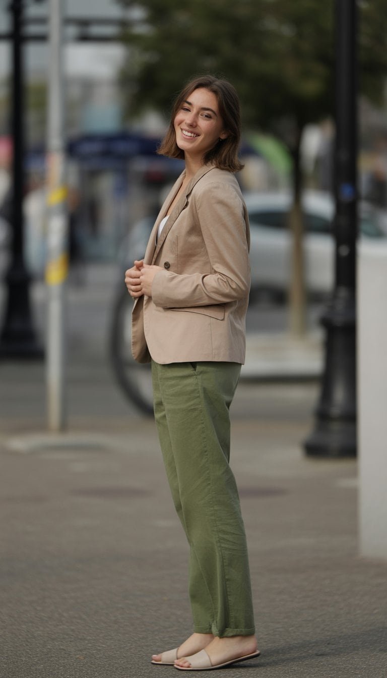 A young woman standing outdoors on a city street, wearing olive green pants and a beige blazer, smiling naturally with a relaxed posture.