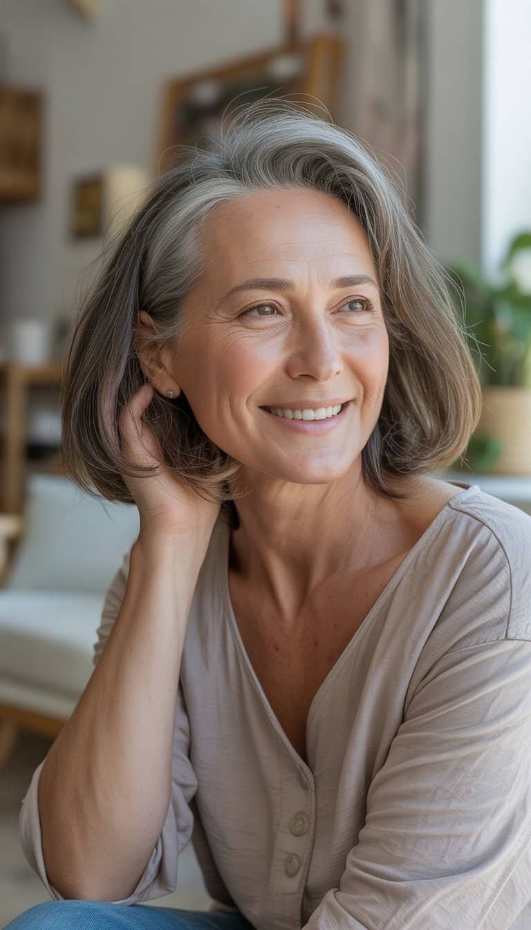 A woman over 60 with a youthful hairstyle smiling naturally in a casual setting.