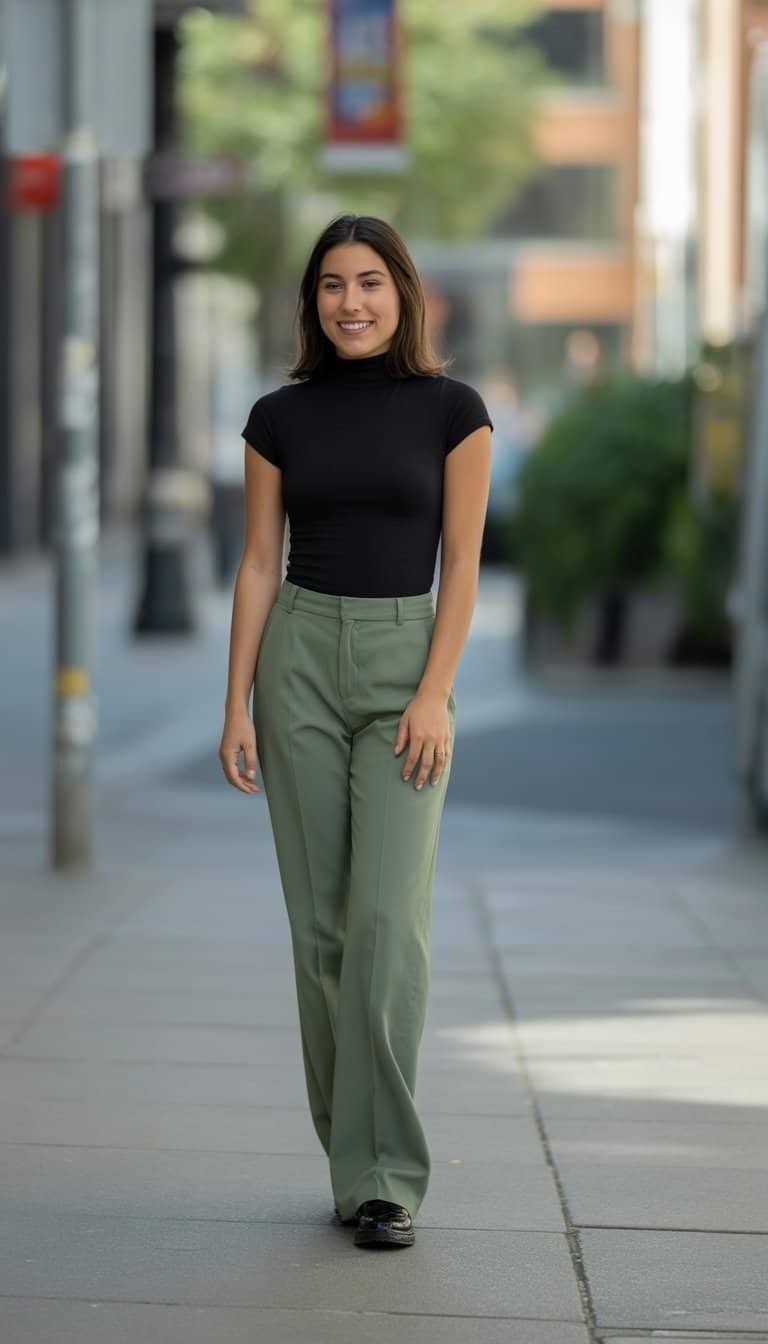 A young woman standing outdoors on a city sidewalk, wearing olive green trousers and a black top, looking relaxed and smiling slightly.